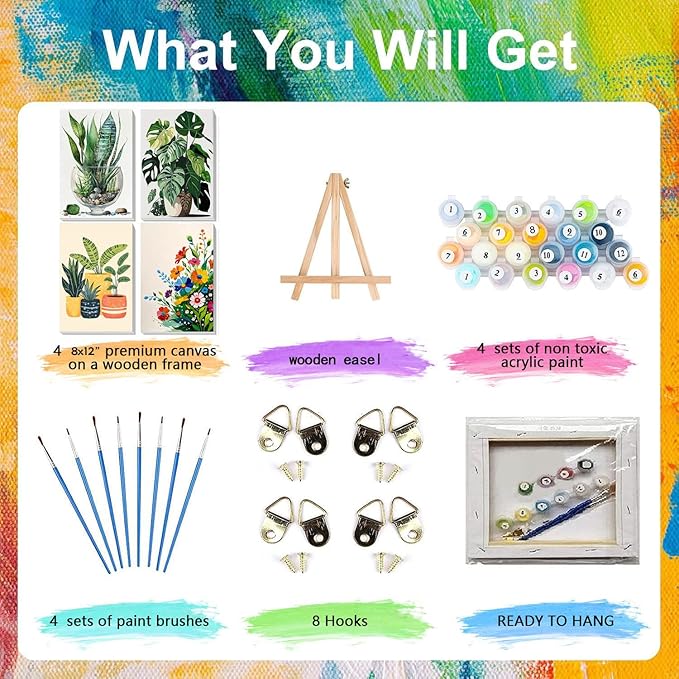 4 Pack Paint by Numbers for Adults with Framed Canvas - with Wooden Easel, Plant Paint by Number for Beginners, Easy Flowers Acrylic Oil Painting on Canvas with Brushes for Home Wall Decor (8x12 inch)