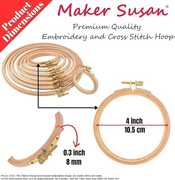 maker susan 4" wood embroidery hoop, round beechwood cross stitch hoop with adjustment brass screw, cross stitch hoops and frames, suitable for embroidery, craft sewing (4 inch)