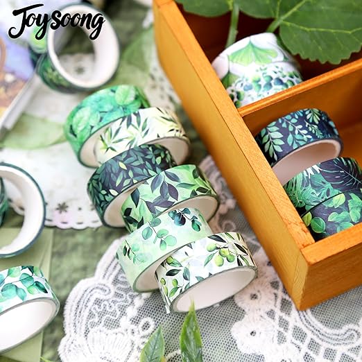 Botanical Green Washi Tape Set- 16 Rolls Leaf Themed Decorative Tape for Journals & Nature Crafts Scrapbooks (0.6" x 10 ft) - Monstera, Bamboo, Olive, Ginkgo, Mint Leaves
