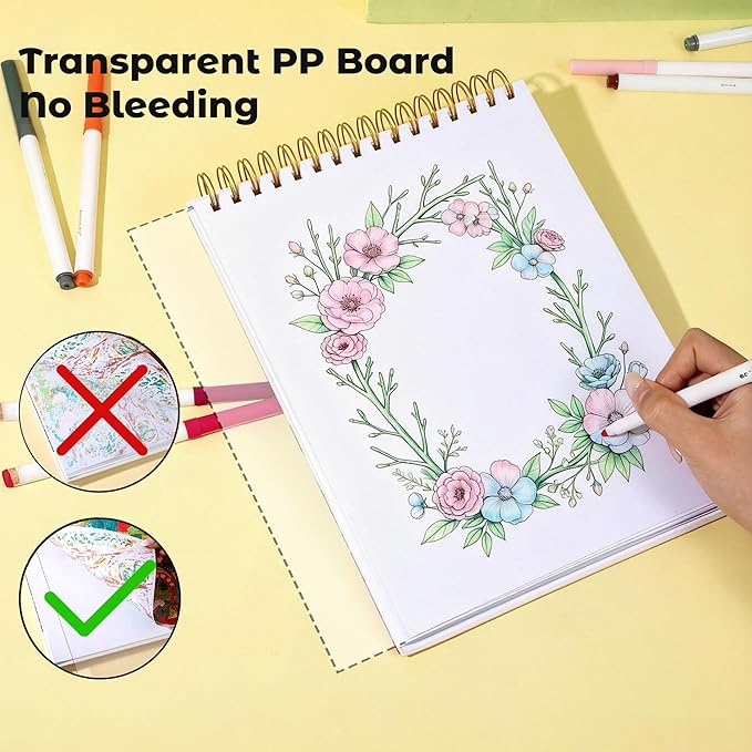 Flower Coloring Book for Adults 41 Unique Single Sided Patterns and 9 Blank Pages with 12 Colored Pencils Set 130GSM Thick Paper Stress Relief & Mindfulness Gift for Women Men, 8.5 X 11in