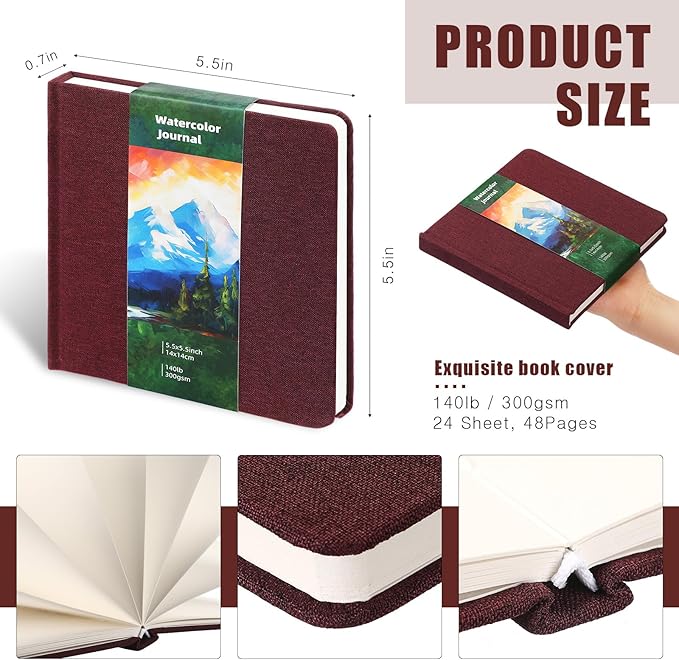Dispowreath 5.5 x 5.5 in Watercolor Sketchbook Journal Square Watercolor Notebook Cold Press 140lb 300gsm Cotton Paper 48 Pages Journals Notebook Paper Pads(Red Brown)