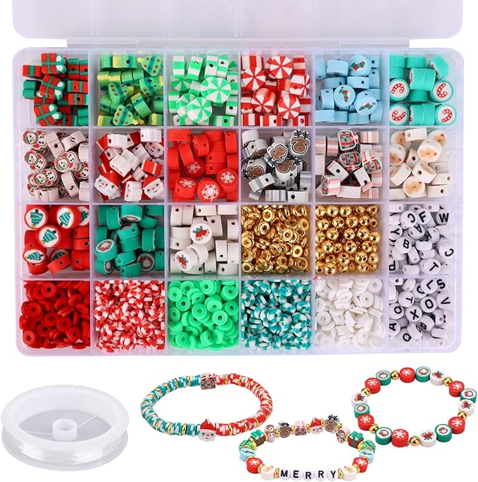Gosknor 1700pcs Christmas Bracelet Making Kit, 24 Styles Christmas Clay Bead Bracelet Making Kit Jewelry Making Kits DIY Crafts Charms Perfect Birthday Friendship Gift for Family and Friends