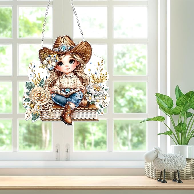 Bowetile Cow Girl Diamond Art Hanging Kits for Adults, 5D Special Shape Diamond Painting Kits, Animal Gem Art Suncatchers Painting Pendant Ornament for Home Garden Wall Decor