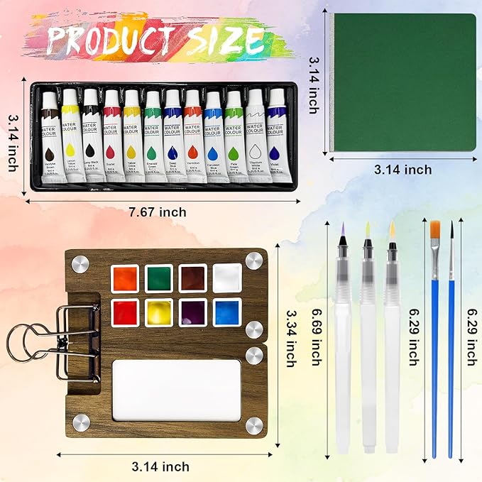Mini Watercolor Paint Set, Travel Paint kit, Pocket Watercolor Set with Paint, Brush, Sketchbook & Copper Clip for Beginners, Artists & Painting Lovers