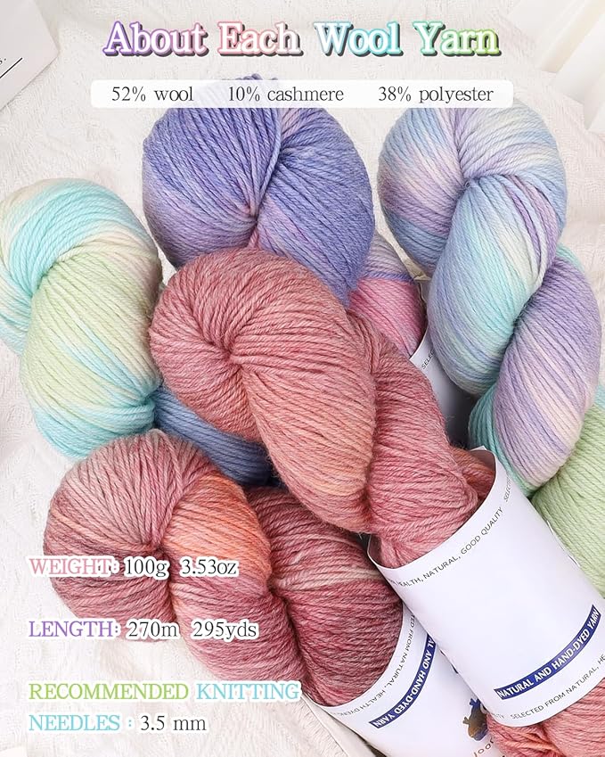 Katech Wool Yarn for Crocheting- 3 Pack 10.58oz/300g Cashmere Yarn- 52% Wool, 10% Cashmere, 38% Polyester, DK Weight Yarns #3-885 Yards Hand Dyed Yarns for Knitting Socks Sweater Shawl-Purple Pink