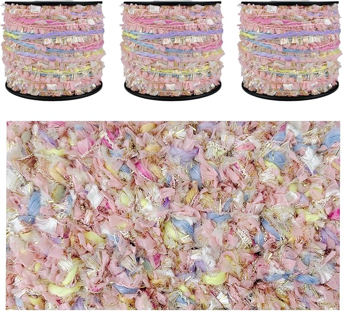 Artisanal Yarn Collection Multifiber Fancy Yarn with Golden Glitter Threads for Knitting Crocheting Crafts DIY, Set of 3 Rolls (Candy Pink)