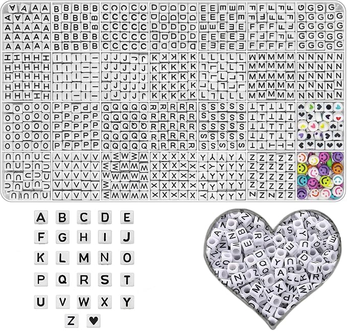 Alphabet Beads A-Z 1000+Pcs Letter Beads, Acrylic 4x7mm Round Letter Bead Kits,Black Digit and Colorful Smile Bead for Bracelets Necklaces DIY Jewelry Making (Square White,1000+PCS)