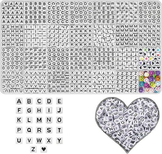 Alphabet Beads A-Z 1000+Pcs Letter Beads, Acrylic 4x7mm Round Letter Bead Kits,Black Digit and Colorful Smile Bead for Bracelets Necklaces DIY Jewelry Making (Square White,1000+PCS)