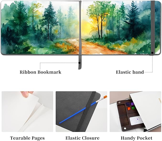 Vienrose Watercolor Sketchbook, 8.25"x5.5" Watercolor Journal with 24 Sheets 48 Pages 140 LB (300 GSM) Cotton Watercolor Paper, Grey Leather Cover Water Coloring Sketch Book As Travel Notebook