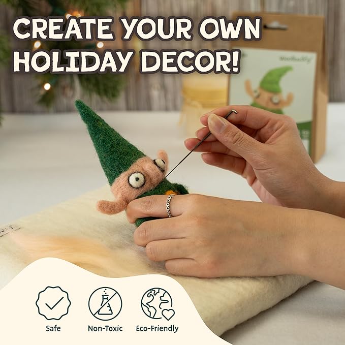 Woolbuddy Needle Felting Kit - Elf Christmas, Complete Felting Kit for Beginners & Adults, Includes Needle Felting Supplies, Felting Mat, Felting Wool, and Felting Needles for Crafting Fun