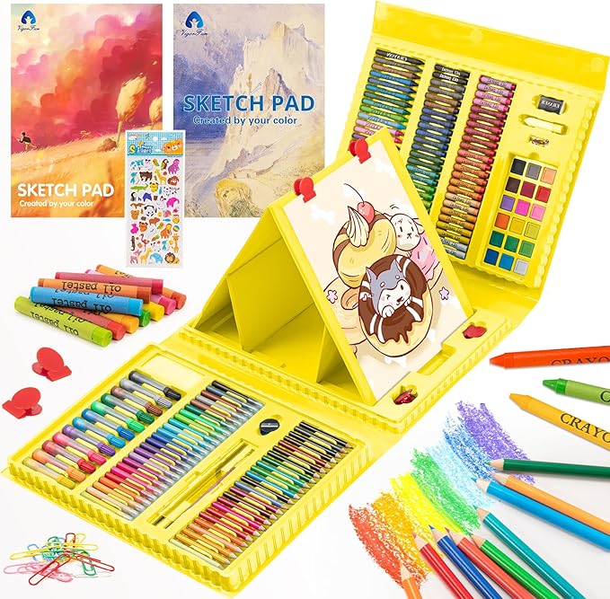 VigorFun Art Supplies, 240-Piece Drawing Art Kit, Gifts for Adult, Art Set Crafts Case with Double Sided Trifold Easel, Includes Sketch Pads, Oil Pastels, Crayons, Colored Pencils (Yellow)