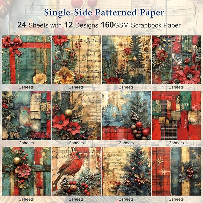Christmas Scrapbook Paper Pad 24 Sheets Scrapbooking Supplies, Single-Sided Patterned Cardstock Pads for Card Making, Designer Planner Journals, Background Borders, Greeting Cards 6"×6”