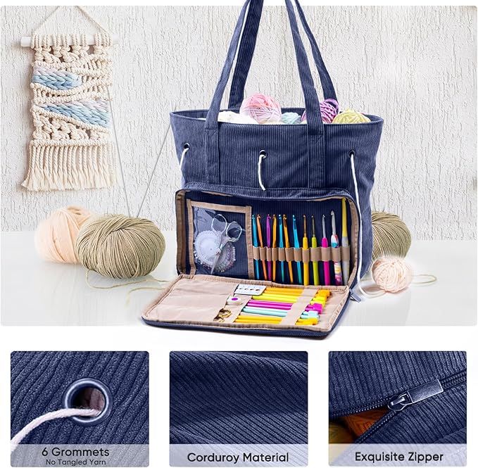 Large Yarn Tote Organizer – Corduroy Knitting Storage Holder for Yarn, Hooks & Accessories, Portable Craft Carryall for Crocheting Lovers, Mother’s Day Gift
