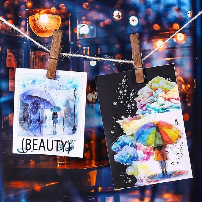 TIAMECH Walk in Rain PET Stickers - 90 Pcs Rainy Girl & Raincoat Umbrella Design, Waterproof Sticker for Journaling & Scrapbooking, Junk Journal Supplies, Ephemera & DIY Crafts