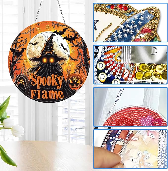 Reofrey Hanging Diamond Art Kits for Adults - 8x8 Inch Halloween Ghost Acrylic Board Double Sided Pattern Diamond Art Suncatcher Pendant, Crystal Art for Home Wall Window Decoration Handmade Gift