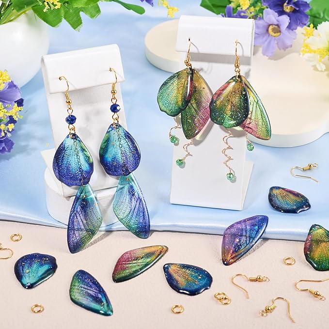 FASHEWELRY 16Pcs Resin Fairy Wings Earring Charms Dark Blue Green Butterfly Wing Pendants Opaque Insect Feather Charms with Jump Rings Earrings Hooks for DIY Earring Jewelry Making