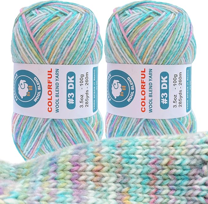 2 Pack Wool Blend Yarn, 2x3.5oz / 285yds, #3 DK, 20% Wool 80% Acrylic, Variegated, Single-Ply Soft Crochet & Knitting Wool Yarn for Sweaters, Scarves, Hats (Bluebell Dream)