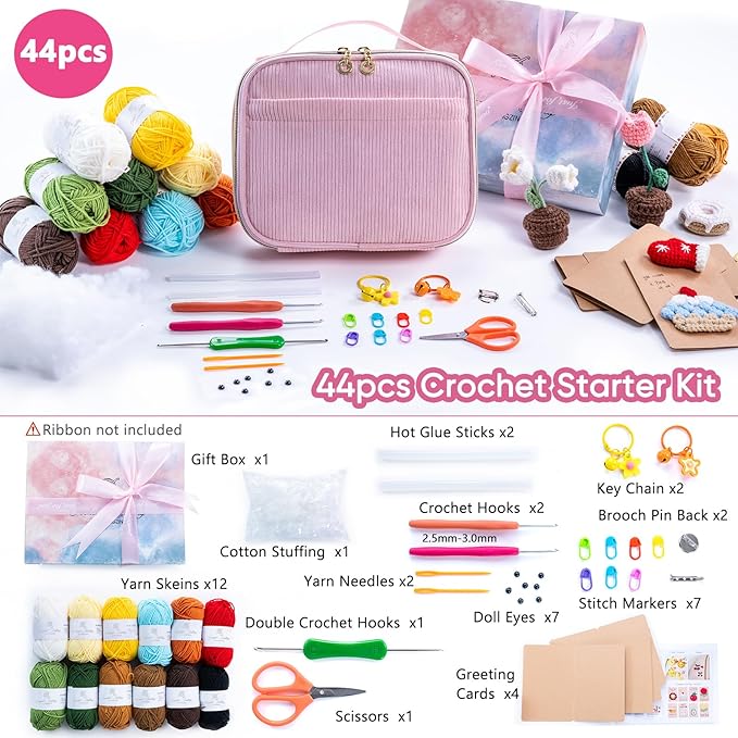 MYBAGZING Crochet Kit for Beginners, Complete Starter Set with Yarn, Ergonomic Crochet Hooks, Needles, Crochet Accessories and Suppliers for Crochet Beginner Projects, Knitting Kit for Adult