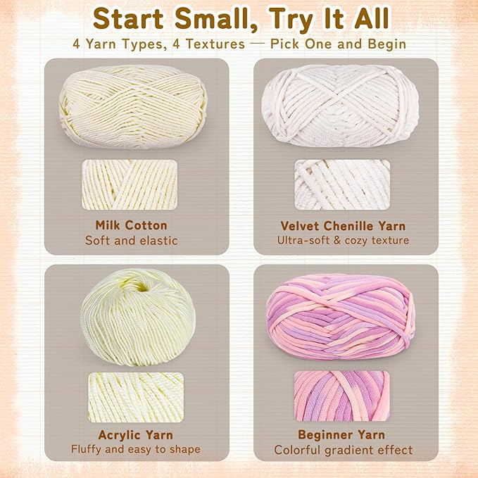 Reessy Crochet Yarn Kit for Beginners – 4 Yarns Sampler Pack (Acrylic, Cotton, Velvet Chenille, Beginner Yarn) with Hooks & Accessories – All-in-One Crochet Starter Kit for Beginners Adults (D)