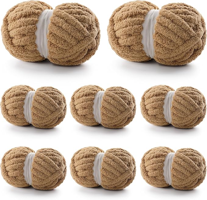 8 Pack Chunky Yarn for Hand Knitting - Chenille Yarn for Crocheting - 224 Yds Chunky Blanket Yarn Jumbo, Thick Fluffy for Knitting Blankets, Super Bulky Yarn 61.6 Oz (Khaki)