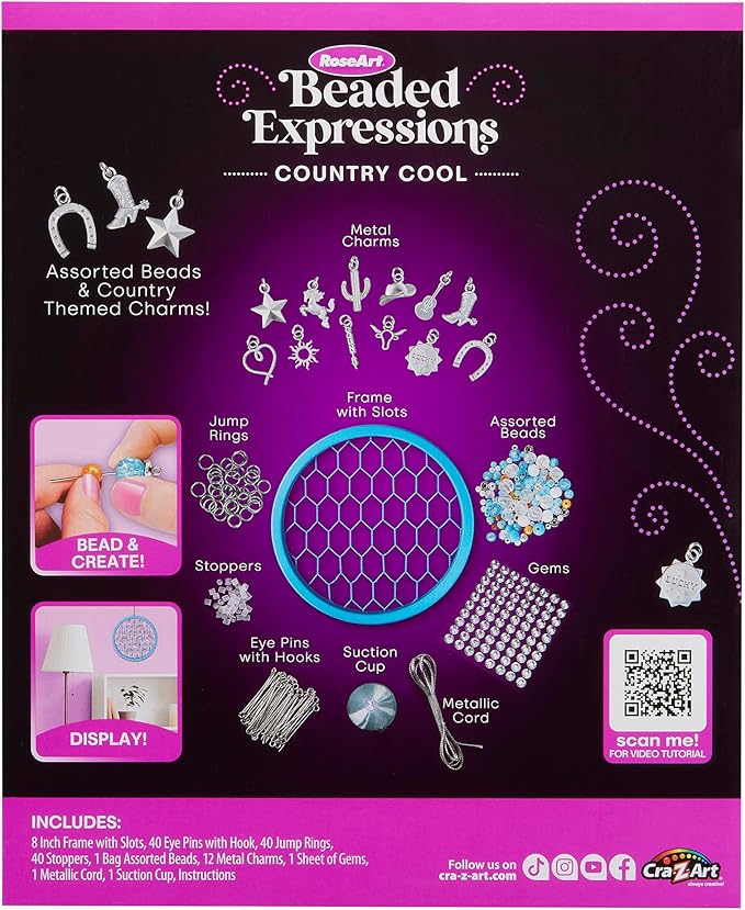 RoseArt Beaded Expressions Country Cool DIY Beaded Sun Catcher Craft Kit - Create Sparkling Country-Style Designs with Charms & Beads – Bead, Design & Display, Ages 8+