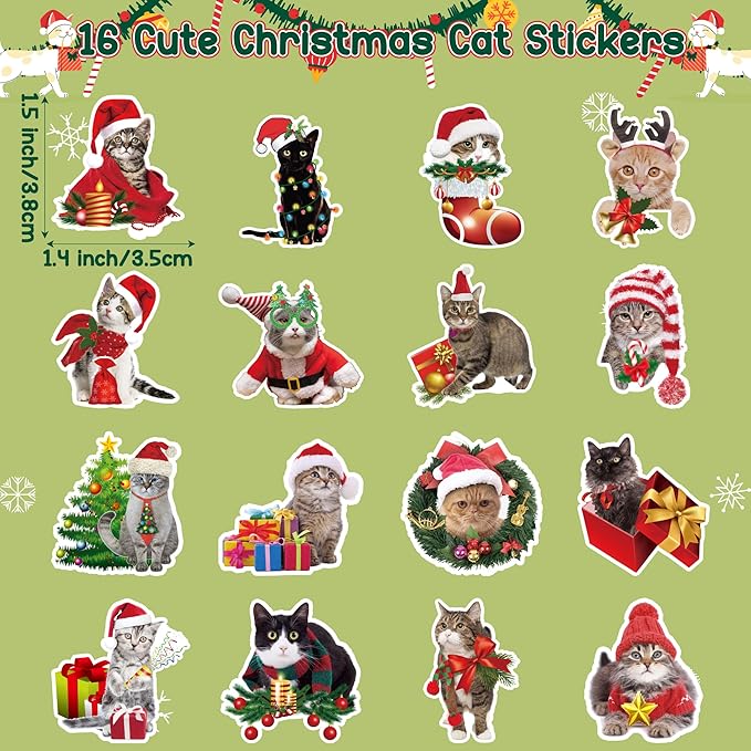 h1vojoxo christmas cat sticker rolls- 1000pcs holiday cat stickers for kids 16 styles christmas cute cats realistic sticker xmas gift cats stickers for envelopes craft water bottles