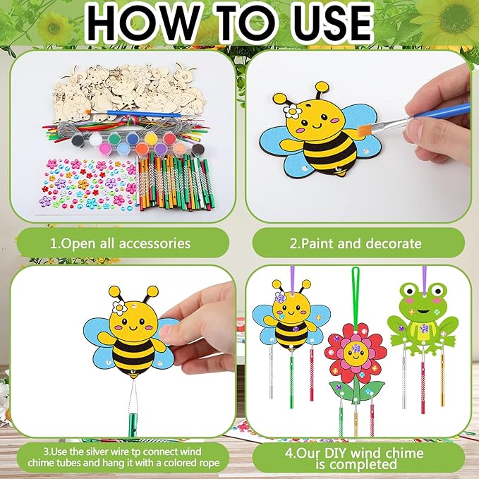 JellyArch 30 Pcs Spring Wind Chime Making Kit, DIY Wooden Spring Insect Craft Wind Chimes with Paint & Stickers, Craft Activity Creative for Church Party Windows Decoration