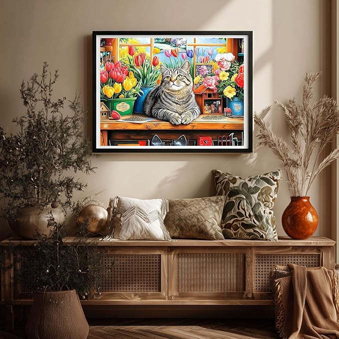 Gemozaic Cat Diamond Painting Kits for Adults, Flowers Cat Diamond Art Kits for Adults, Gem Painting Kit for Adult for Gift Home Wall Decor, 12x16 Inch