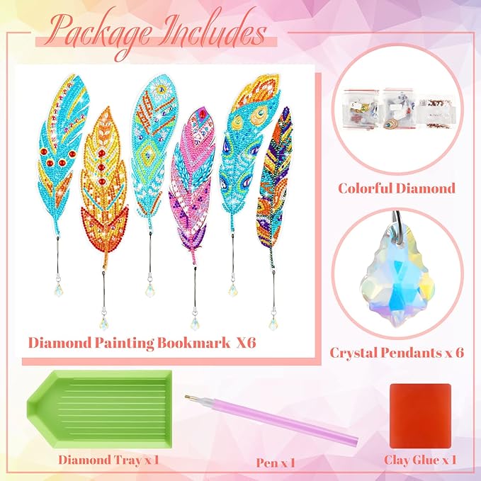 Henoyso 6 Pcs Diamond Painting Bookmarks Kits DIY 5d Feather Bookmark Rhinestone DIY Bookmarks Crystal Diamond Art Acrylic for Crafts Gifts Adult Arts Supply
