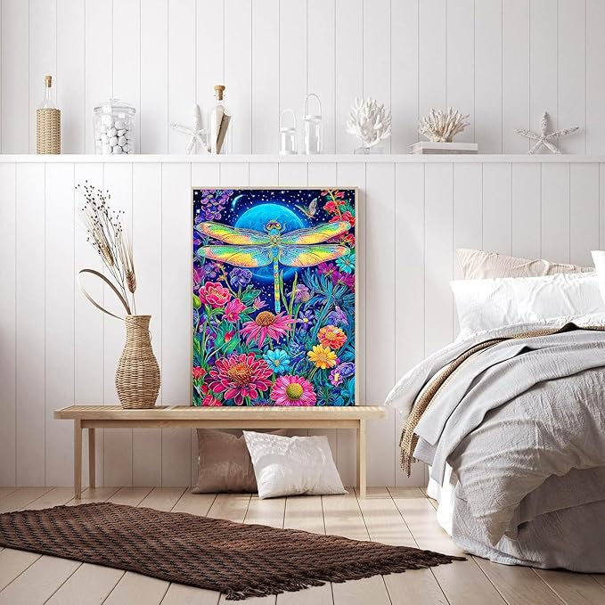 igoodom Diamond Art Kits for Adults, Flowers Dragonflies Diamond Painting Kit, Full Drill Round Diamond Art Kits, DIY Gem Art and Crafts for Home Wall Decor Gift 12x16inch
