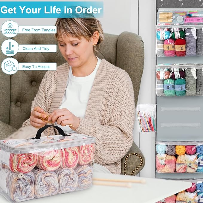 Coopay Yarn Storage Hanging Knitting Bag with 6 Compartments, Large Yarn Organizers and Storage with 3 Adjustable Hooks, Clear Hanging Knitting Organizer for Crochet Hooks, Knitting Needles
