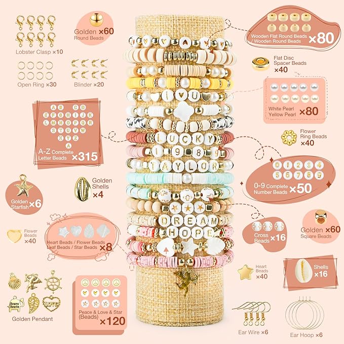 dowsabel clay beads 3 boxes bracelet making kit, 10800pcs beads for jewelry making, letter beads for friendship bracelets diy arts and crafts gifts for girls adults