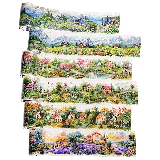 6 Rolls Scenic Landscape PET Tape, Seamless Countryside and Mountain Views Decorative Scrapbook Supplies for Journaling Planners and Creative Crafting
