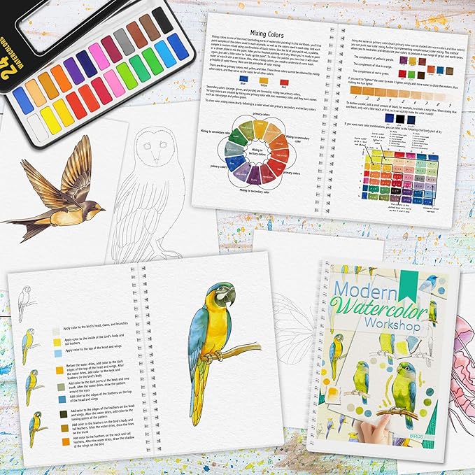 4Pcs Watercolor Workbook, Water Coloring Book with 48 Patterns, Beginner-Friendly Watercolor Workbooks with 24 Paint Colors & Brush, Water Color Workbook for Adults, Stress - Relieving Gift for Women
