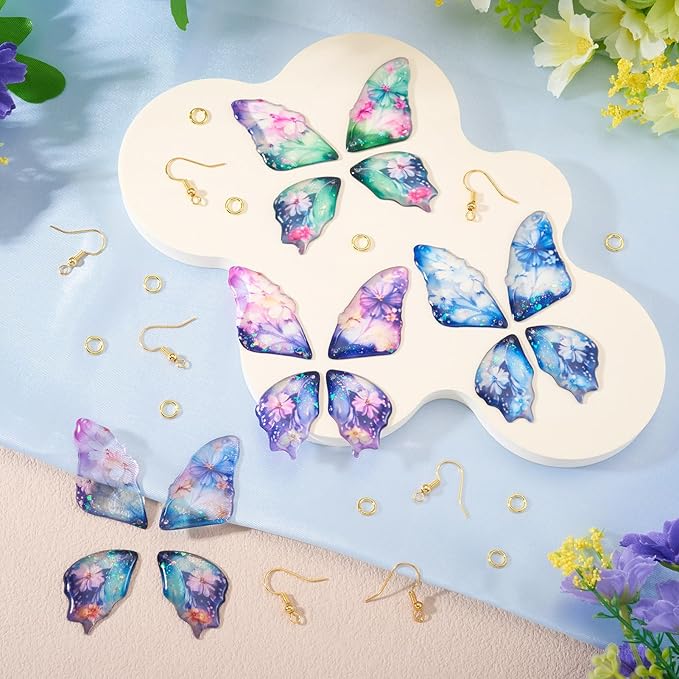 FASHEWELRY 16Pcs Resin Butterfly Wing Charms for Jewelry Making, Glitter Flower Print Colorful Insects Wing Pendant Earrings Making Kit Earring Hook Jump Rings