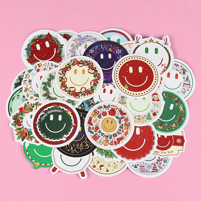 wercokt 50pcs smiling christmas stickers, cute water bottle stickers for kids, for teaching rewards, notebooks, stationery, luggage, cartoon pvc happy stickers
