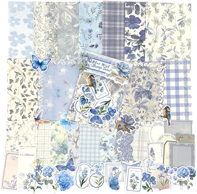 OKUPAN Scrapbook Supplies Kit – 100Pcs Vintage Floral Scrapbook Paper & Junk Journal Stickers, Journaling Supplies for Bullet Journaling, Retro Crafts, Mixed Media, Planner, Collage Card Album (Blue)