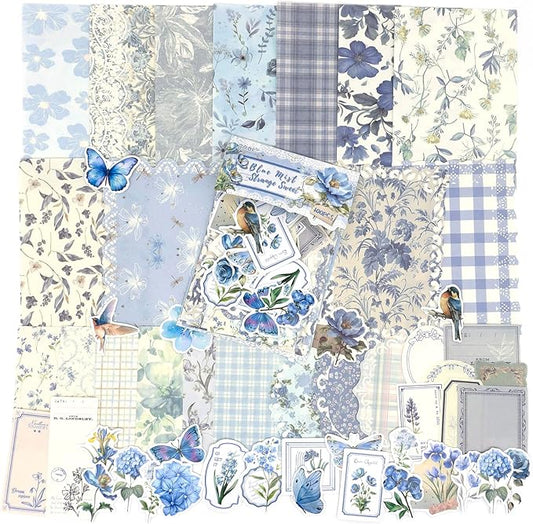 OKUPAN Scrapbook Supplies Kit – 100Pcs Vintage Floral Scrapbook Paper & Junk Journal Stickers, Journaling Supplies for Bullet Journaling, Retro Crafts, Mixed Media, Planner, Collage Card Album (Blue)