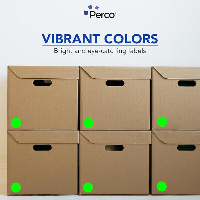 perco fluorescent green 2-inch perforated circle dot sticker labels — 250 round stickers per roll — with permanent adhesive for organizing, color coding, bin labeling, packaging alerts — made in usa