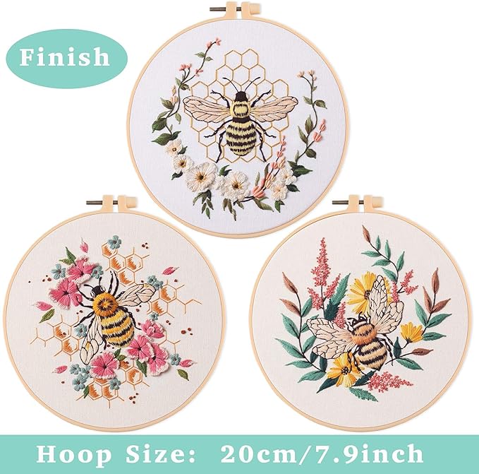 reewisly 3 pack embroidery starter kit patterns, diy adult cross stitch kits beginner, including 3 plastic embroidery rings, 1 scissors, colored threads,needles and instructions