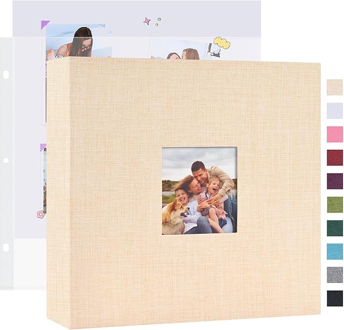 Mublalbum 10x10 Inch DIY Scrapbook Photo Album with 40 Plastic Sleeves 80 Pages Linen Cover 3 Ring Folder Binder for Wedding Baby Family and DIY Projects (Beige)