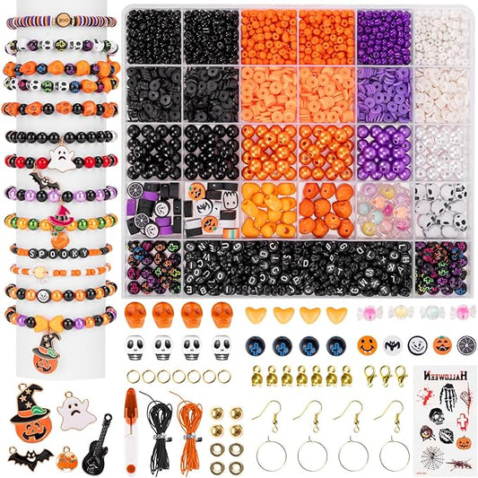 Goldwise Halloween-Inspired Jewelry Making Kit for Adults, 2 Boxes with Black, Orange & Purple Beads, Alphabet Beads (A–Z) & Halloween Charms for DIY Jewelry Design