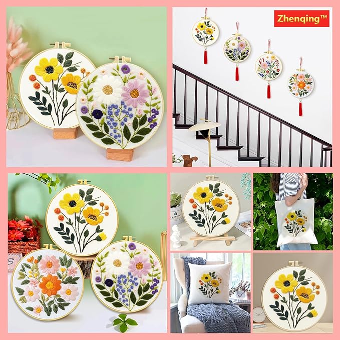 Zhenqing 3-Pack Floral Embroidery Kit for Beginners with Printed Patterns - Complete Embroidery Set with Hoop, Threads, Cotton Fabric & Tools for Home Decor (C0153)