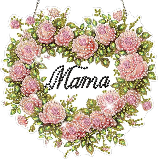 HEIBAGO Mother's Day Diamond Art Hanging Kits for Adults, Diamond Art Suncatchers Mama, 5D Special Shape Diamond Painting Pendant, DIY Window Ornament Gifts for Home Garden Door Wall Decor 8.3x8.3 in
