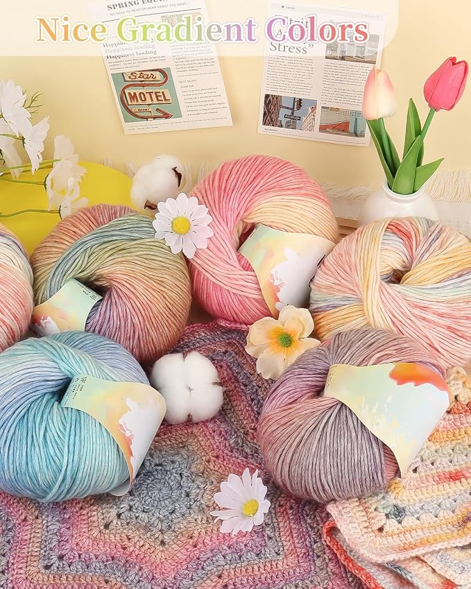 Coopay Yarn for Crocheting Knitting, Gradient Cake Yarns, 2 × 3.53oz - 240yds - 50% Cotton 50% Acrylic Ombre Yarns, Crochet Yarn for Blankets, Shawls, Scarves (201 Sunset)