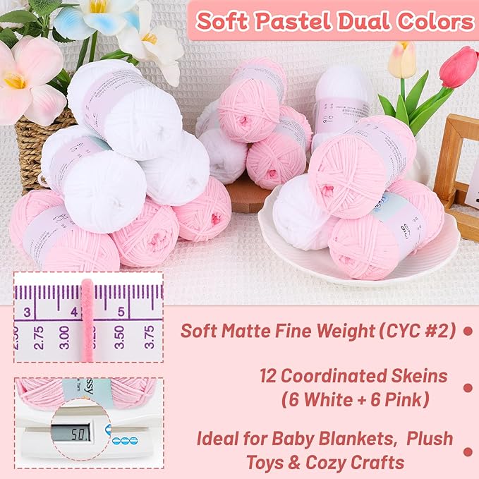 Skinny Chenille Yarn Set – 12 Skeins Soft Baby Yarns (1.76oz/50g, 6 White + 6 Pink, Total 1,896yd) – Fine Weight Matte Chenille Yarn for Crocheting – Soft CYC#2 for Baby Blankets, Plush Toys