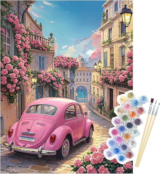 NPCSWXQ Paint By Numbers Kit for Adults Beginners, Sunset Pink Roses Pink Car Decoration Oil Acrylic Painting Crafts Number Artist Paint Kit for Home Wall Bedroom Study or Office Decor Gift 16x20Inch