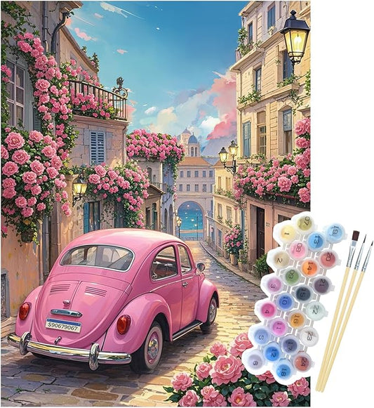 NPCSWXQ Paint By Numbers Kit for Adults Beginners, Sunset Pink Roses Pink Car Decoration Oil Acrylic Painting Crafts Number Artist Paint Kit for Home Wall Bedroom Study or Office Decor Gift 16x20Inch