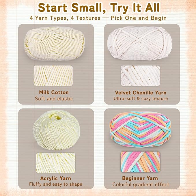Reessy Crochet Yarn Kit for Beginners – 4 Yarns Sampler Pack (Acrylic, Cotton, Velvet Chenille, Beginner Yarn) with Hooks & Accessories – All-in-One Crochet Starter Kit for Beginners Adults (C)