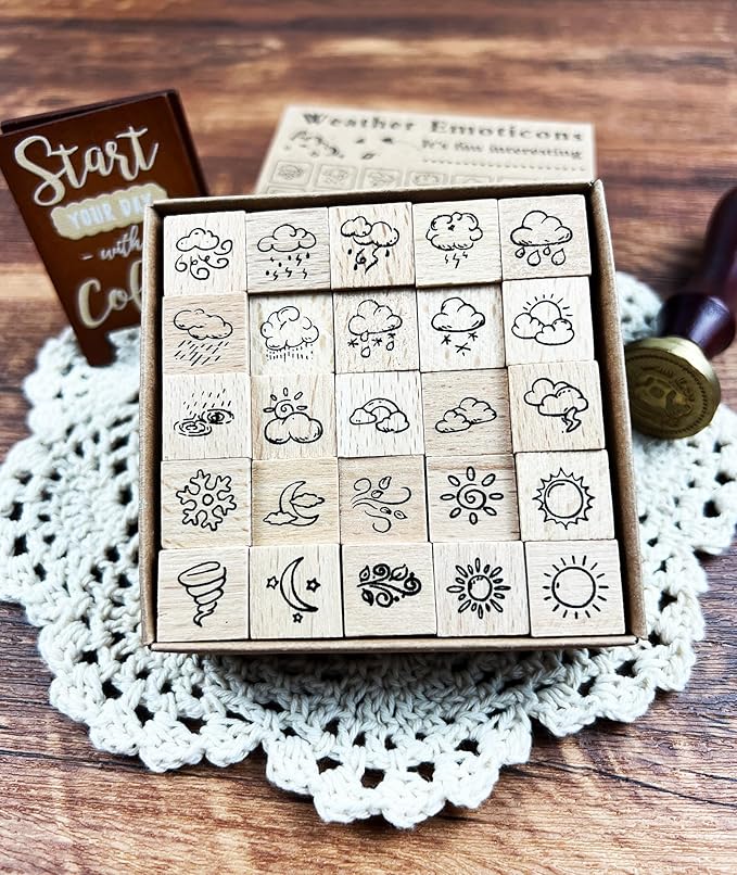 25pcs Weather Wooden Rubber Stamps Kit, Cute Small Weather Theme Stamps for Decorative Diary Planner DIY Craft Scrapbook Card Making Letters Journal